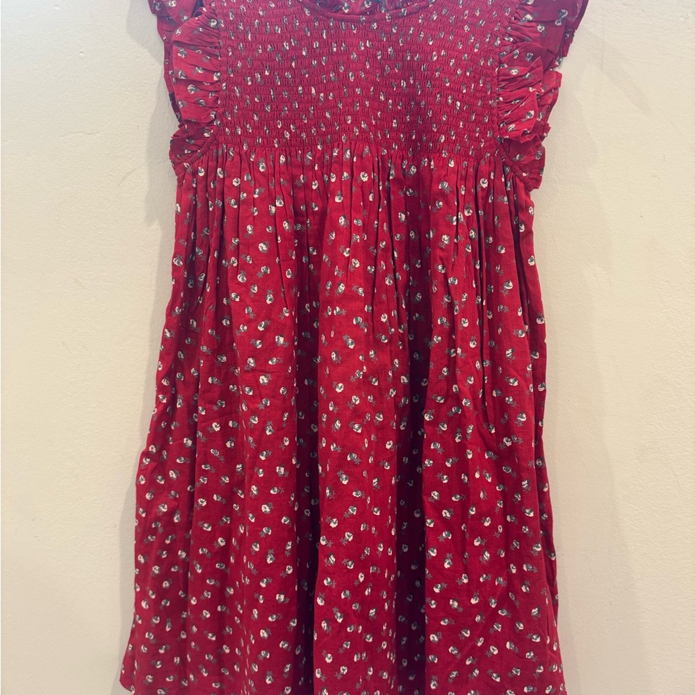 Pink Chicken Red Smocked Dress with Floral Accents